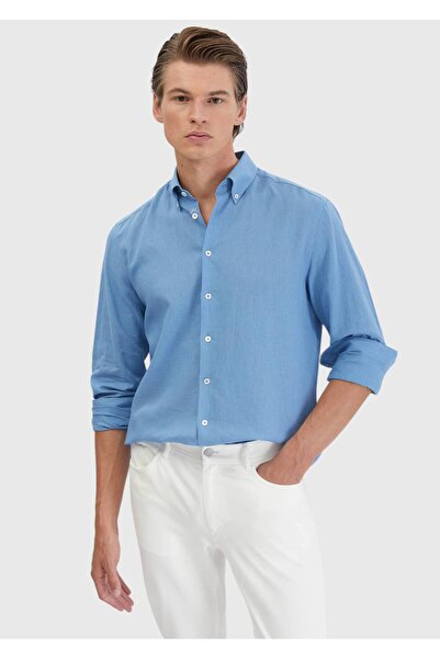 Ramsey Μπλε ίσιο πουκάμισο Casual Fit Woven Casual Cotton Blend