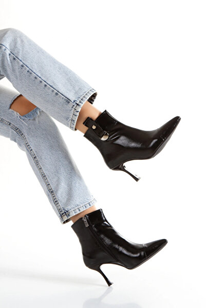 Miss Mitto حذاء نسائي أسود من الجلد اللامع بمقدمة مدببة وكعب رفيع مريح وأنيق ...