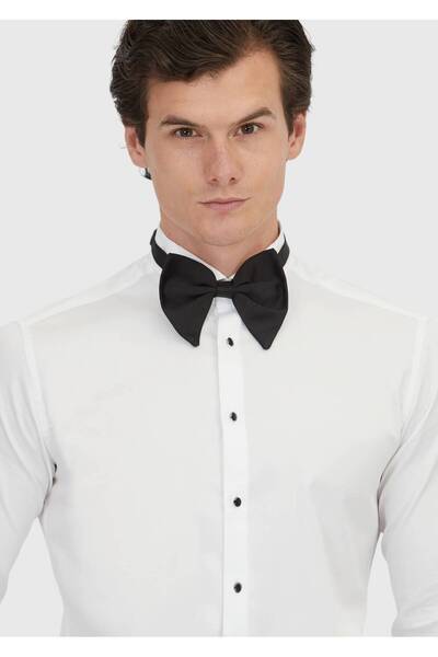 Ramsey Λευκό μονόχρωμο πουκάμισο σμόκιν με διπλή μανσέτα με γιακά