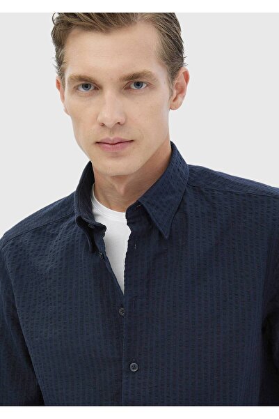 Ramsey Μπλε Navy ριγέ Casual Fit Woven Casual 100% βαμβακερό πουκάμισο