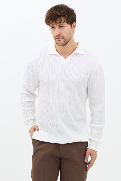 COOL TARZ Men's White Polo Neck Ribbed Knitwear Sweater