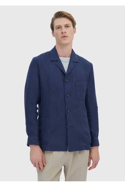Ramsey Navy Blue Slim Fit Cotton Blended Plain Shirt Jacket