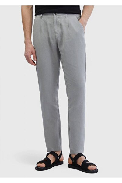 Ramsey Gray Plain Woven Jogging Fit Casual 100% Linen Trousers