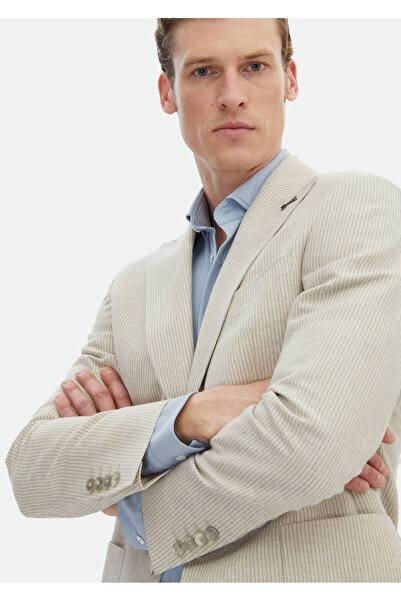 Ramsey Beige Striped Zeroweight Slim Fit Cotton Blended Jacket