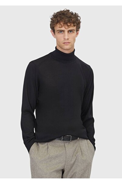 Ramsey Black Full Turtleneck Plain Knit Wool Blended Sweater Sweater