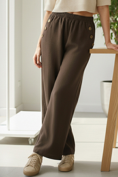 Chiccy Italian Brown Pocketed Elastic Waist Wide Leg Slim Fi Corded Fabric Adife Woven Trousers 100 62
