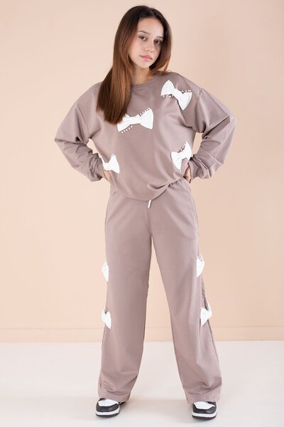 Cansın Mini Καφέ φιόγκο με μαργαριτάρι λεπτομέρεια για κορίτσια με λαιμόκοψη 2 τεμαχίων αθλητική φόρμα 21202