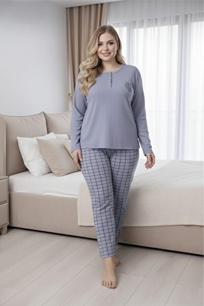 Temporium Women's Winter Plus Size Embroidered Patterned Collar Buttoned Long Sleeve Pajama Set