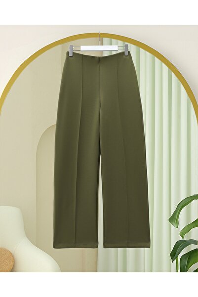 Modamorfo بنطلون قطني ممشط بخصر عريض ورباطين - كاكي