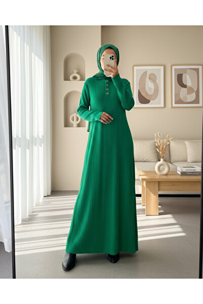 Modamorfo Polo Neck Buttoned Knitwear Dress -Green