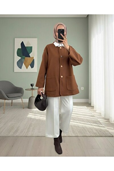 Modamorfo Double Pocket Buttoned Front Cashmere Jacket - Light Brown