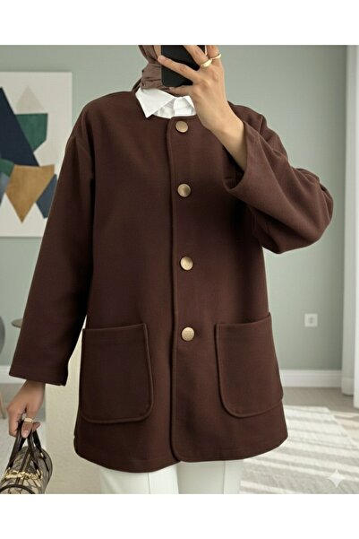 Modamorfo Double Pocket Buttoned Front Cashmere Jacket - Brown