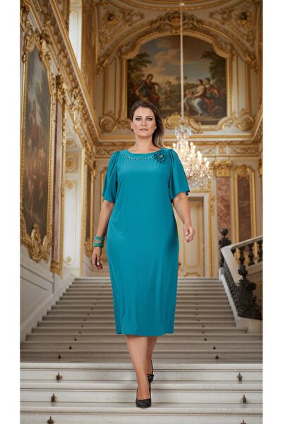 Nidya Moda Büyük Beden Taşlı Çiçek Aksesuar Turkuaz Abiye Elbise-4026t