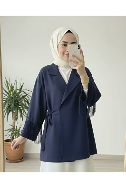 Modamorfo Tie-Front Kimono Jacket with Tassel Detail on the Sleeves - Navy