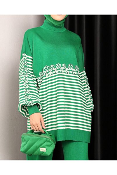 Modamorfo Süzene Embroidered Striped Knitwear Tunic - Green