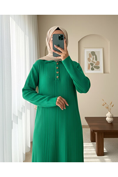 Modamorfo Polo Neck Buttoned Knitwear Dress -Green