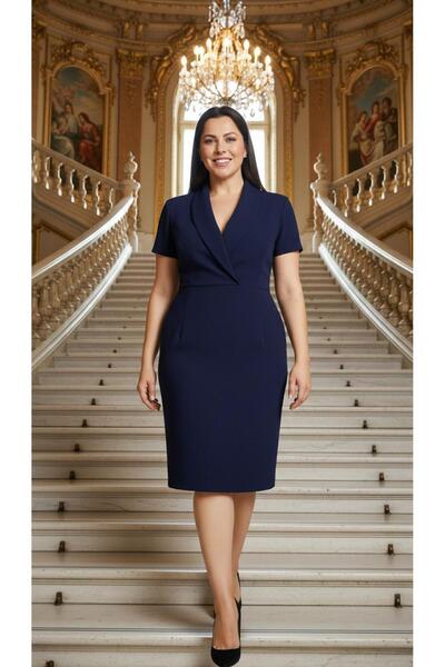 Nidya Moda Kadın Lacivert Kruvaze Yaka Abiye Büyük Beden Elbise