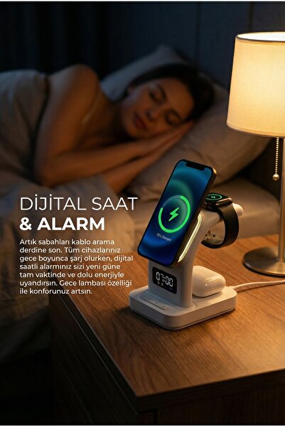 S-LINK CWF130 Magsafe Destekli Kablosuz Hızlı Şarj Stand 3 in 1 Apple iphone Android Uyumlu Led Alarm Saat
