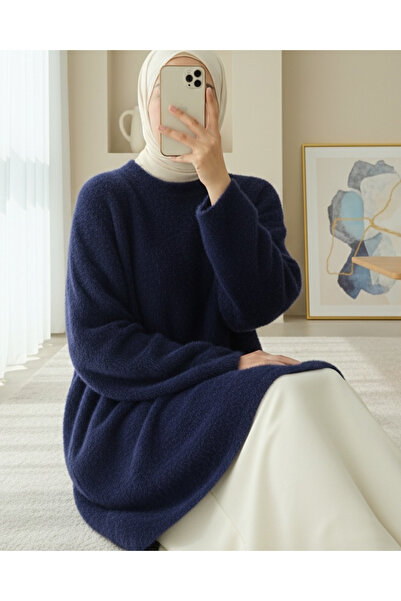 Modamorfo Bearded Long Loose Knitwear Tunic - Navy