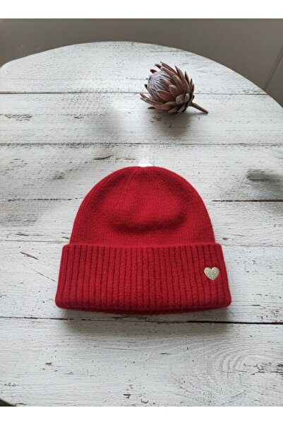Trend Şapka 14802 Gold Kalp Nakışlı Kırmızı Bere