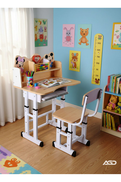 AGD Educational Children's Desk Set with Study Table and Chair, Includes Clock and Wooden Abacus