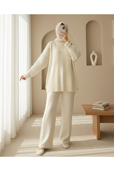 Modamorfo Hair Braid Pattern Sleeve Button Detailed Knitwear Set - Ecru