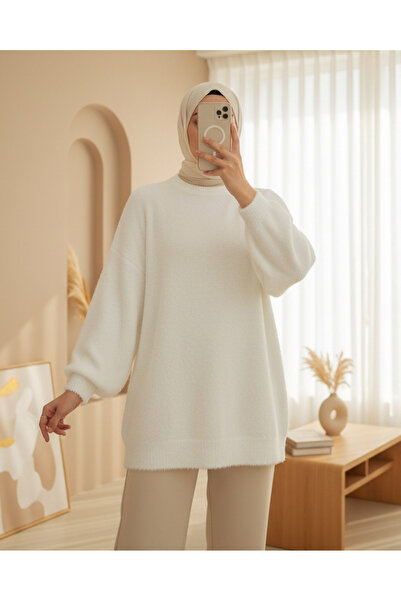 Modamorfo Bearded Long Loose Knitwear Tunic -White