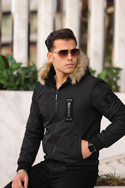 comstar Men's Fur Basic Winter Loose Black Hooded Coat