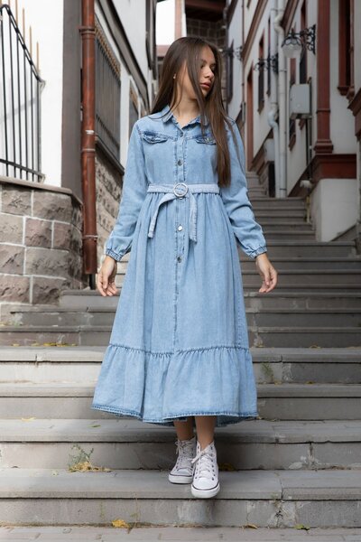 Cansın Mini Rochie de jeans acoperită cu nasturi pentru fete albastre 20495