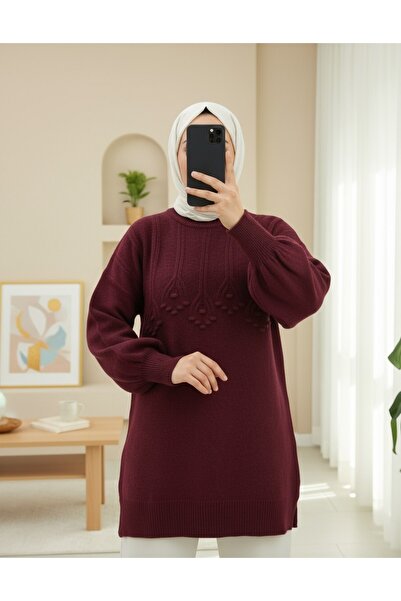 Modamorfo Round Neck Soft Knit Tunic with Stripe and Pom-Pom Detail - Burgundy