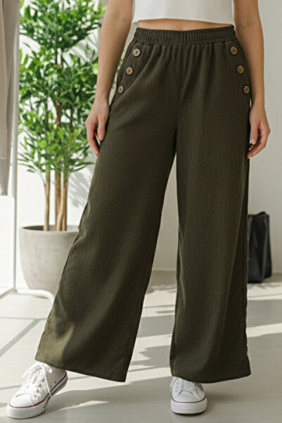 Chiccy Italian Khaki Pocketed Elastic Waist Wide Leg Slim Fi Corded Fabric Adife Woven Trousers 100 62