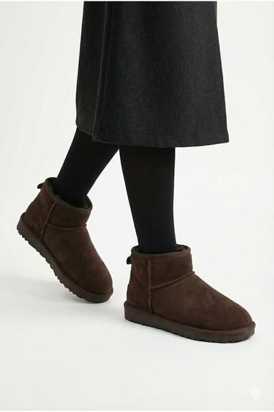 FootFrenzy Kadın Süet Içi Kürklü Alçak Taban Bilekte Kısa Kadın Bot&bootie Acı Kahve