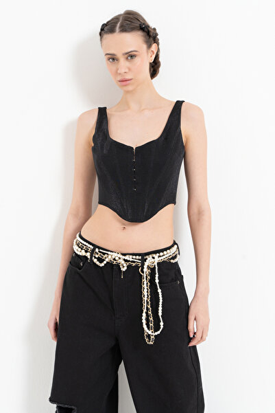 Kikiriki Siyah Askılı Balenli Simli Büstiyer