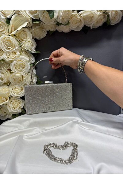MİOSSA حقيبة فستان سهرة نسائية فضية مزينة بالأحجار على الواجهة الأمامية