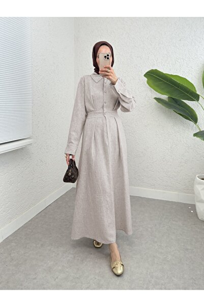 Modamorfo Half Buttoned Linen Dress with Elastic Waist - Stone