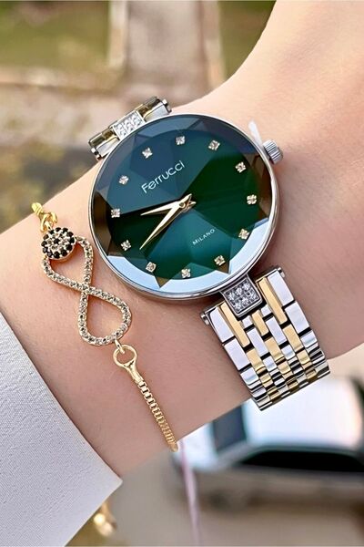 Ferrucci Kadranı Yeşil Kordonu Gold Gümüş Renk Hediye Paketli Kadın Kol Saati ve Bileklik