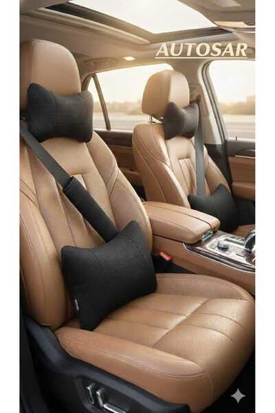 Autosar Siyah Kumaş Ortopedik Oto Boyun Yastığı+bel Yastığı+emniyet Kemer Pedi