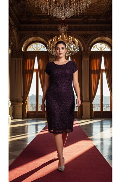 Nidya Moda Büyük Beden Kadın Mürdüm Simli Örme Vako Abiye Elbise-4035am