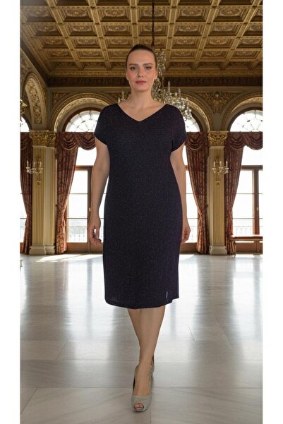 Nidya Moda Büyük Beden Kadın Mürdüm Simli Örme V Yaka Vako Abiye Elbise-4035rm