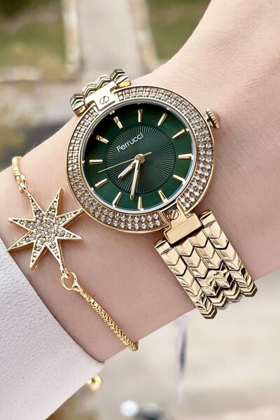 Ferrucci Kadranı Yeşil Kordonu Gold Renk Hediye Paketli Kadın Kol Saati ve Bi...