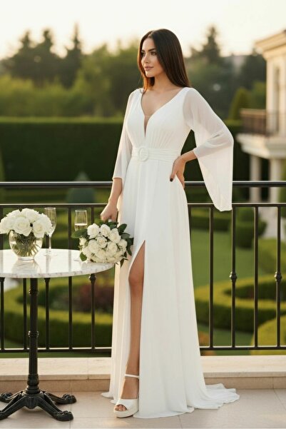 FaBe Fashion Uzun Kollu Beli Tokalı Yırtmaçlı Beyaz Şifon Elbise