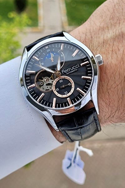 Ferrucci Kasası Gümüş Kordonu Siyah Renk Hediye Paketli Otomatik Erkek Kol Saati