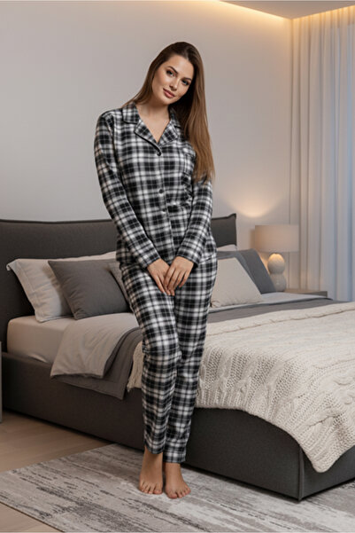 Bravie Πολυτελές σετ πιτζάμες από βισκόζη με μπλε ναυτικό καρό σχέδιο, με μακριά μανίκια, μεγάλου μεγέθους – 42527