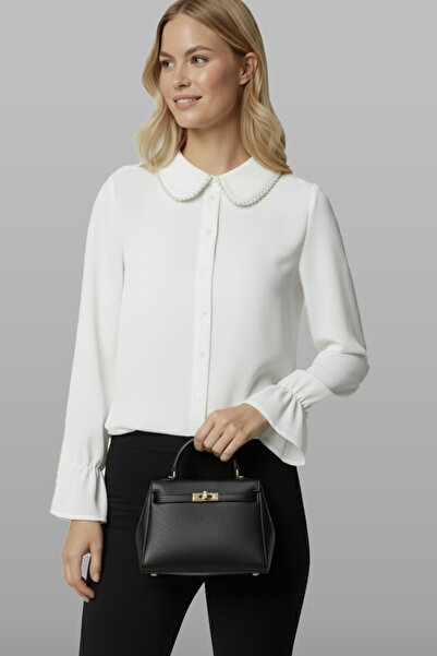 Fumel Women's Ecru Drawstring Sleeve Lace Collar Detailed Woven Shirt