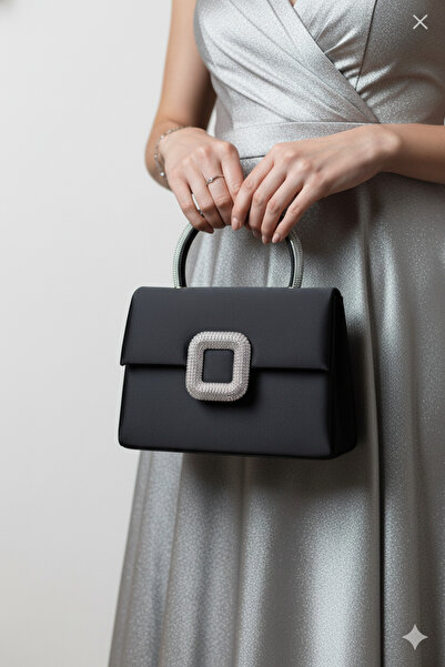 mossi Γυναικεία Μαύρη Σατέν Βραδινή Τσάντα Φόρεμα - Βραδινή Τσάντα Φόρεμα με Κρυστάλλινη Πόρπη