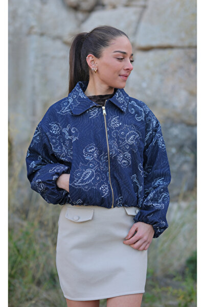 gry wear Kadın Flok Desenli Lacivert Bomber Ceket