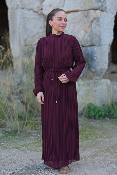 gry wear Kadın Pileli Şifon Bel Bağlamalı Bordo Elbise