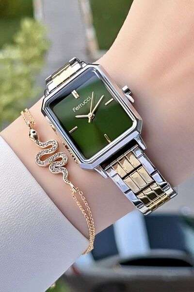 Ferrucci Kadranı Yeşil Gold Gümüş Renk 2 Yıl Garantili Kadın Kol Saati Ve Bil...