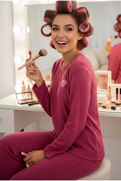 Siyah İnci Cherry Heart Embroidered Ribbed Soft Touch Knitted Pajama Set