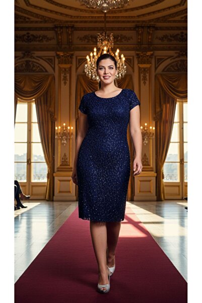 Nidya Moda Büyük Beden Simli  Vako Lacivert  Dantel Elbise 4035yl